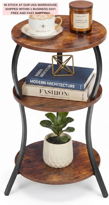 Vintage Round Side Table3Tier End Table Small Space Nightstand Rustic Industrial