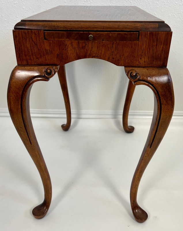 Vintage Walnut & Burl Banded Regency Style Side Table with Pull-Out Tray gallery