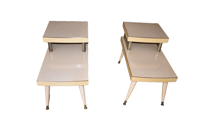 Pair Mid Century Modern Step End Tables Brass Lattice Two Tier Atomic Nightstand