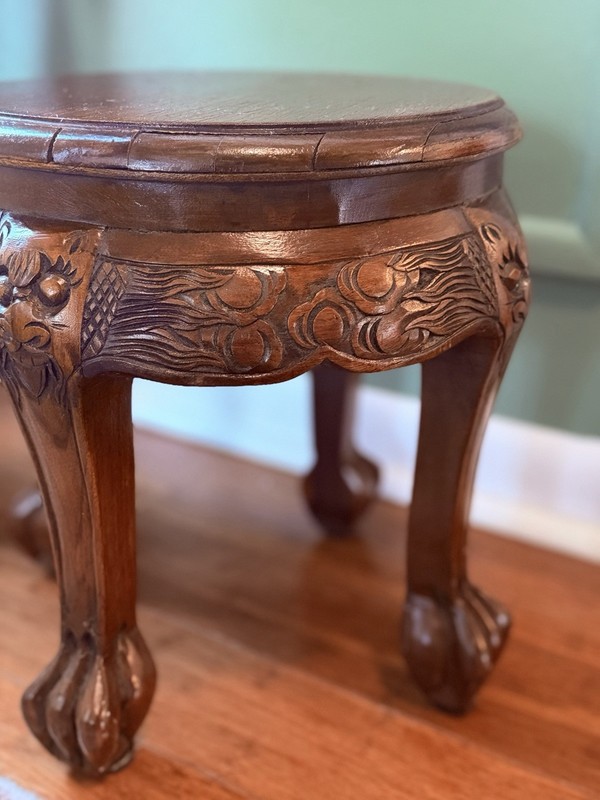 Vintage Asian Dragon Carved Lion Foot Wood Side Table Plant Stand 12.75” Tall gallery