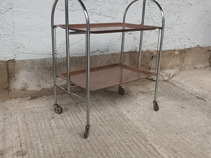 Dinett Side Table Tea Cart Wooden Top Chrome 70s 1/3 Foldable, 79.5 cm gallery