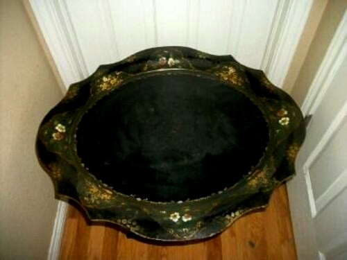 Victorian English HP Tole Tray Table Gilt Floral Green Black Huge Folding Legs gallery