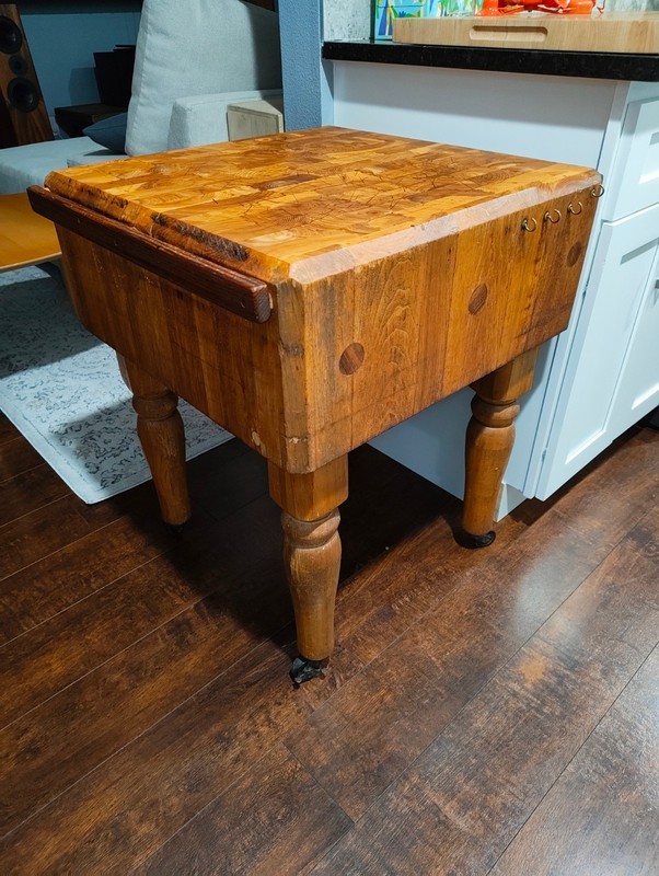 Antique 1920s Solid Maple Butcher Block Table Refinished – on Casters