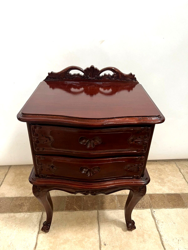 Vintage Table Nightstand Two Dovetail Drawers French country Carved Mahogany gallery