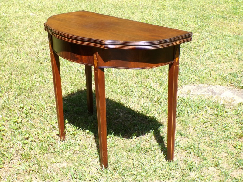 Antique Federal Style Inlaid Mahogany Game Card Table Demilune Console Table gallery