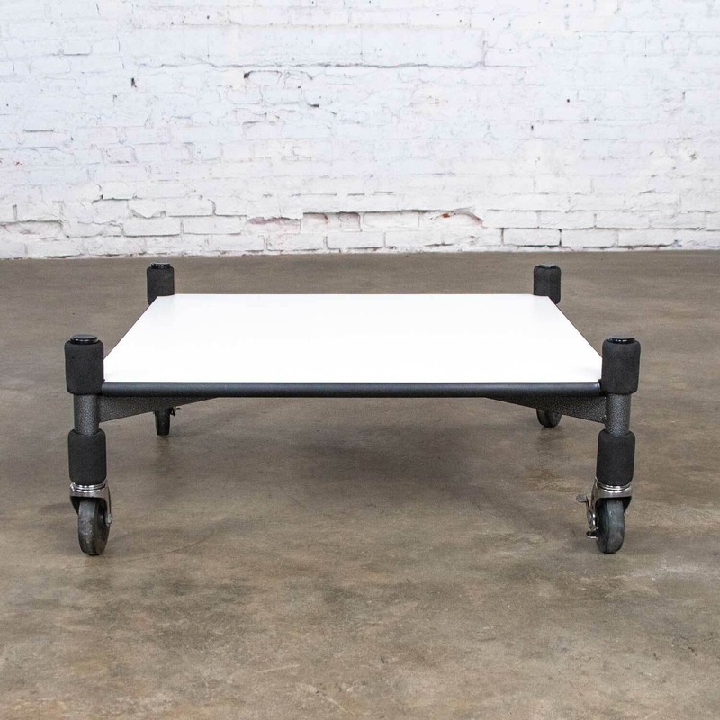 Post-Modern White Laminate & Metal Low Coffee Table or End Table on Casters