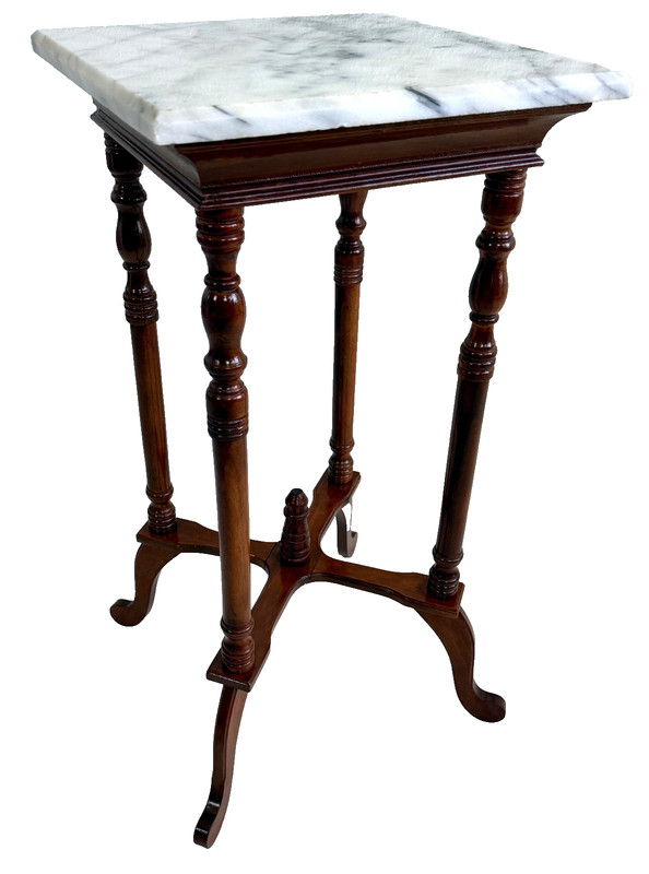 Large American French Country Mahogany Marble Top Pedestal Stand Table 29″