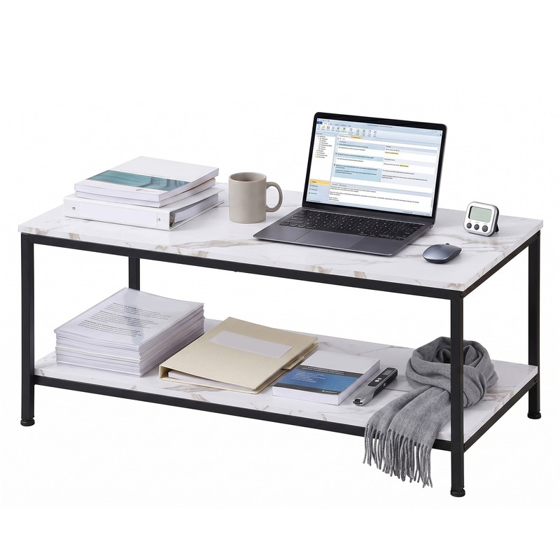 39.4" 2-Tier Coffee Table with Storage Shelve Industrial White Wood Coffee Table