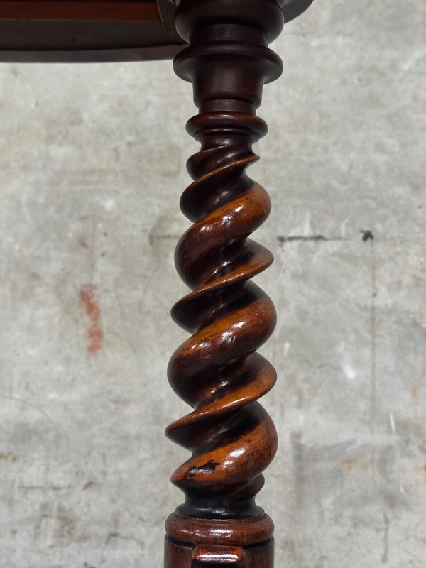 19th C English Burl Walnut Sewing Table Barley Twist Legs 1857 with Inscription gallery