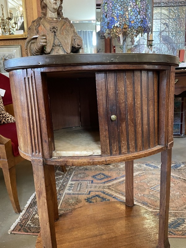 Early 19th Century French Oval Fruitwood Marble Top Side Table w/ Tambour Door gallery