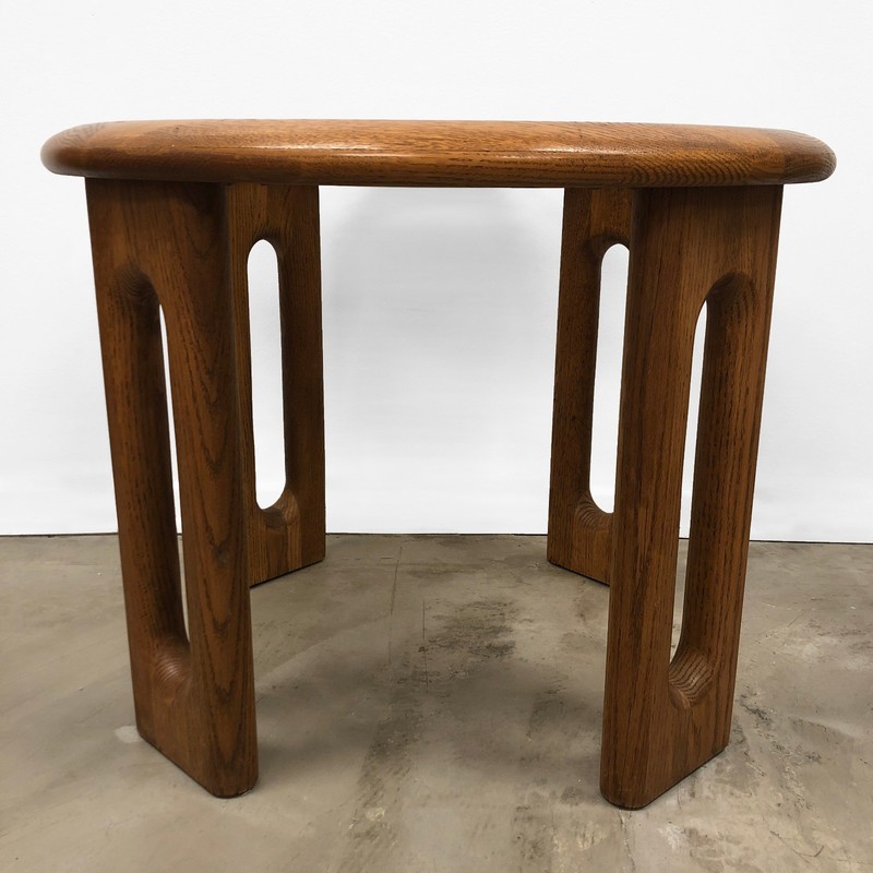 Vintage Lou Hodges-Style Round Solid Oak Side Table With Beveled Smoked Glass gallery