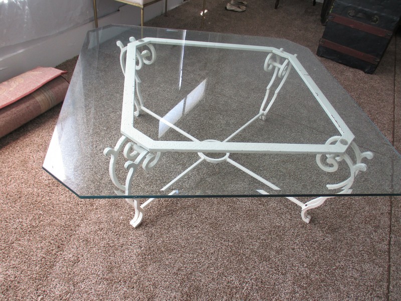 SUPERB Mid Century COCKTAIL Table Hand Made Heavy Wrought Iron Beveled Glass Top