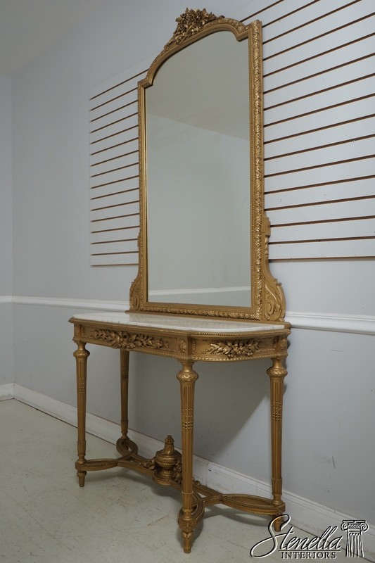 L64447: Vintage French Louis XVI Marble Top Gold Console Table w. Mirror gallery