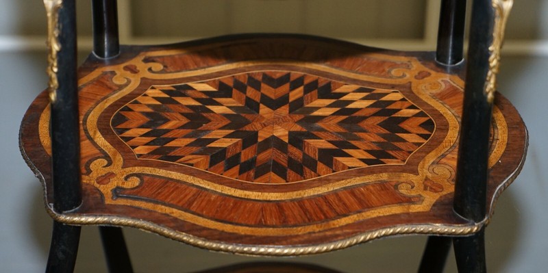 NAPOLEON III BRASS GALLERY FRUITWOOD EBONISED & INLAID THREE TIRED SIDE TABLE gallery