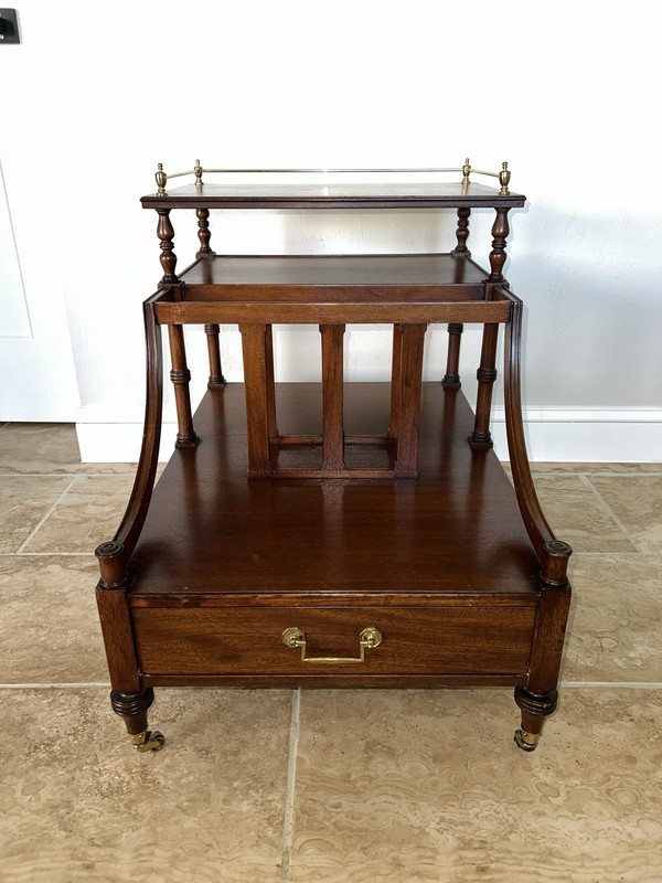 Mid-Century John Scalia Mahogany Canterbury Magazine Rack & Caster Wheels gallery