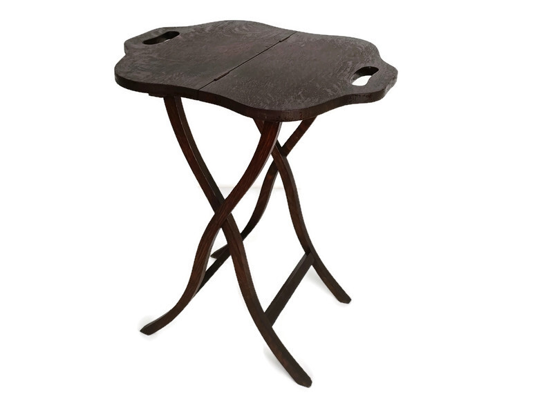 Funky Antique Stool Table foldable Carved Wood handles Occasional Butler table