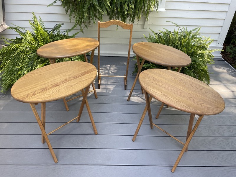 VTG 4 OAK WOOD OVAL FOLDING TV TRAY TABLE RACK STAND SET USE END SIDE NIGHTSTAND gallery