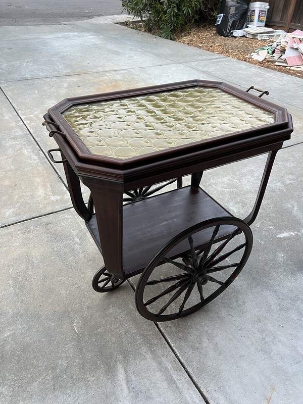 Antique Wood Tea Cart Bar Cart Server W/ Removable Tray & 4 Wood-Spoked Wheels