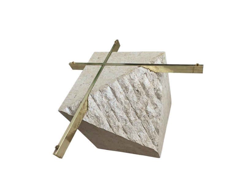 Postmodern Tesselated Mactan Stone and Brass Coffee Table With Glass Top gallery