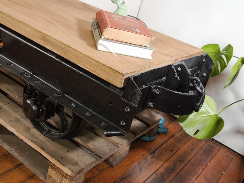 Mining Cart Table 1920s Decauville Industrial Train Coffee Table Oak Top Wheels gallery