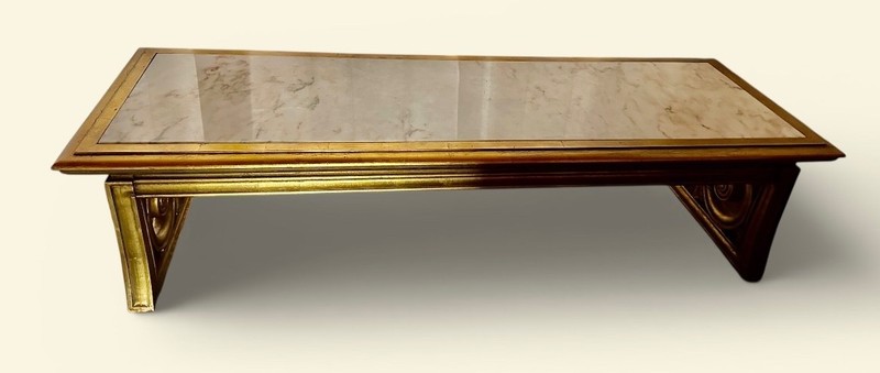 VINTAGE 1960s Gold Gilt Wood & Calacatta Marble Coffee Table w/ Fleur-de-Lis End