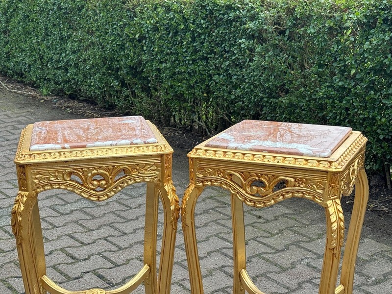 Side Tables French Louis XVI Pink Marble Gold Beech 1970 Vintage Pair 2 Pieces gallery