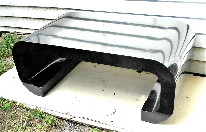 MID CENTURY MODERN KARL SPRINGER SCROLLED END BLACK LAMINATE COFFEE TABLE