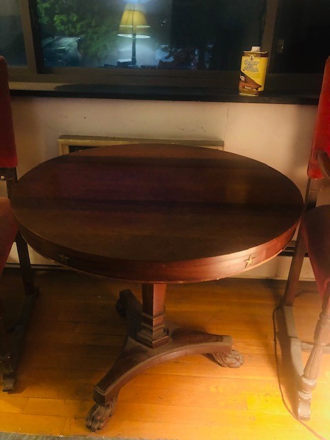Regency Burl Walnut & Ebony Pedestal Center Table With Marquetry – Refinished