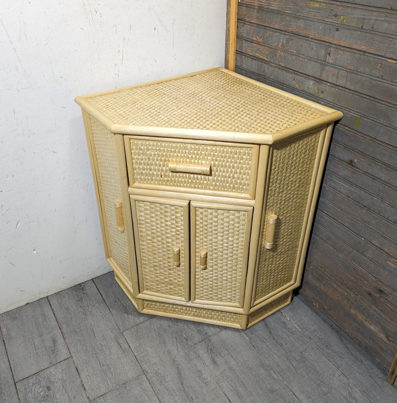 Vintage Boho Chic Cottage Wicker Rattan Corner Table Shelf Cabinet Mid Century gallery