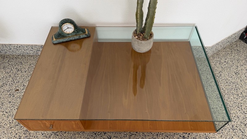 Ethan Allen Mid Century Modern Walnut/Glass Coffee Table gallery