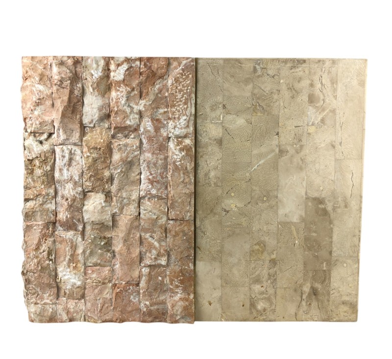 2 MCM MAGNUSSEN FURNITURE Tessellated Marble Stone Brass + Glass Side End Tables gallery