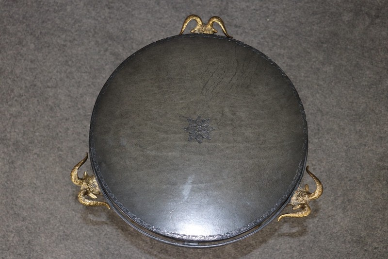 Hollywood Regency Style Leather Top Metal And Brass Rams head end Table gallery