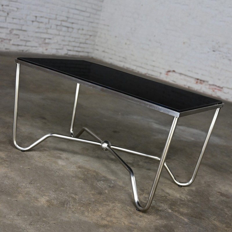 Late 20th Century Modern Brushed Steel Tube Coffee Table with Removeable Black G gallery