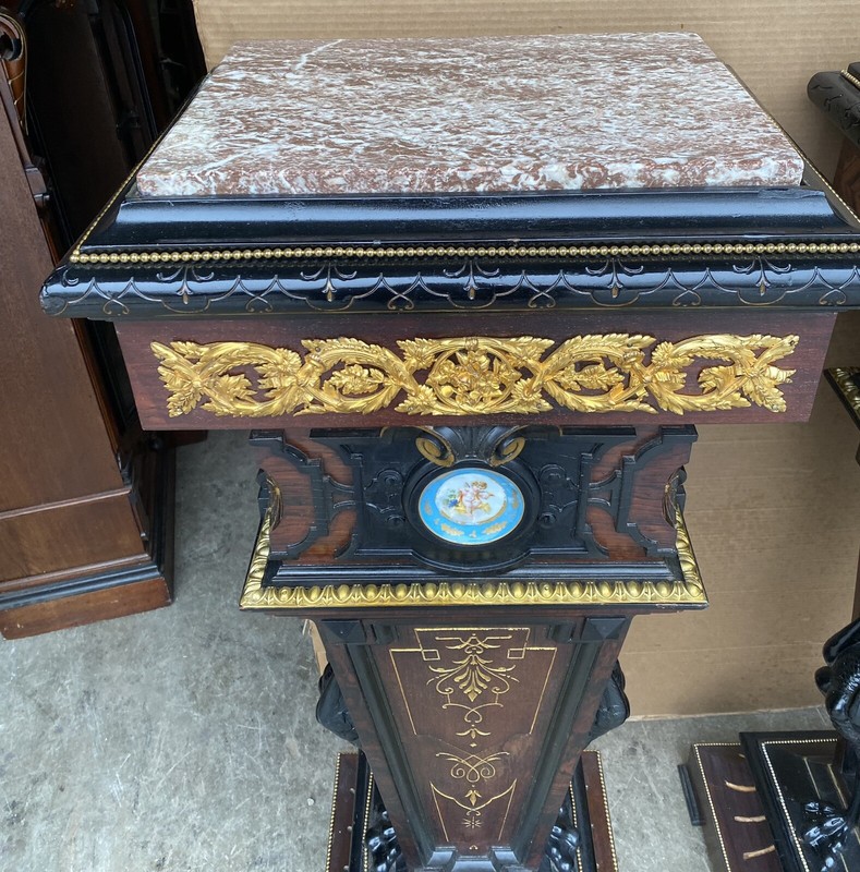 PAIR OF LARGE RENAISSANCE REVIVAL ROSEWOOD INCISED MARBLE TOP PEDESTALS, 51” T gallery