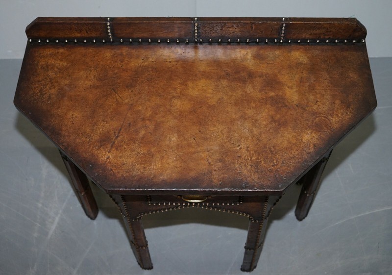 ANTIQUE FULLY RESTORED GOTHIC PUGIN STYLE BROWN LEATHER STUDDED CONSOLE TABLE gallery