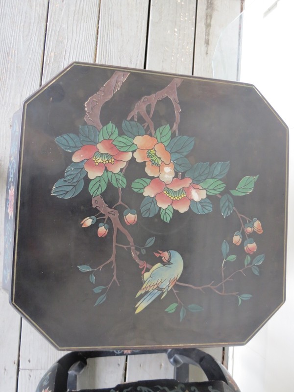 Pair Of Vintage Oriental Asian Hand Painted & Lacquered Bird & Flower Tables gallery
