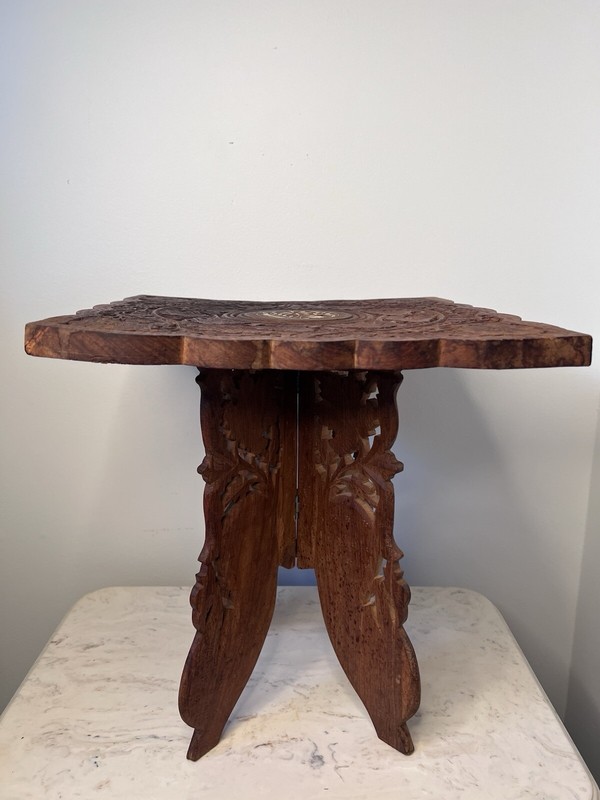 VINTAGE HAND CARVED INDIA WOOD TABLE/FOLDS gallery