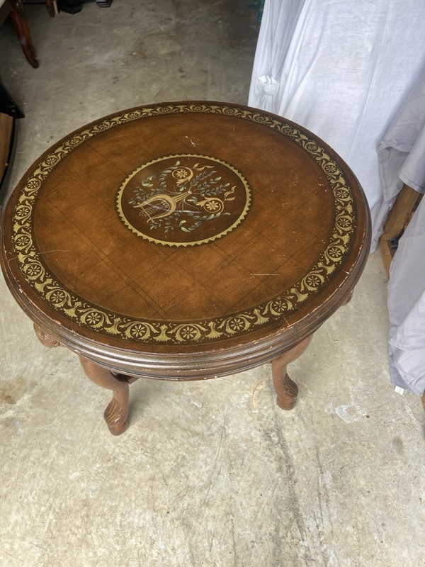Antique Round Wood Accent Table with Carvings and Decorative Inlay gallery
