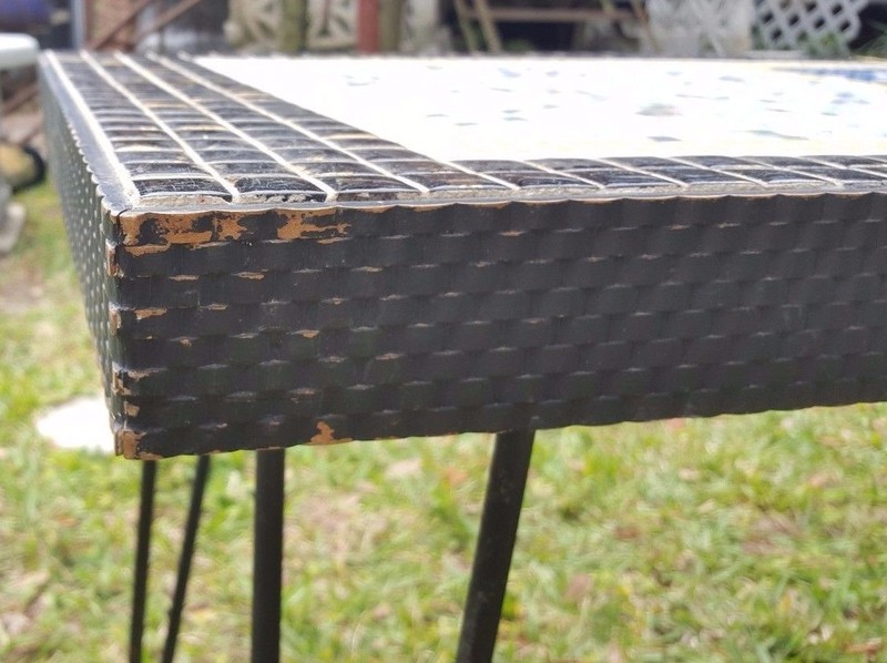Mid Century 60-70's Tile Oblong Coffee Table Industrial Decor Basket Weave Trim gallery