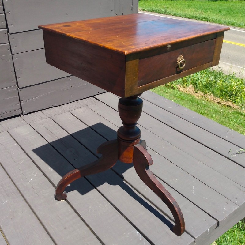 Antique Maple One Drawer Stand w 3 Splayed Scrolled Legs New England Style 1800s gallery