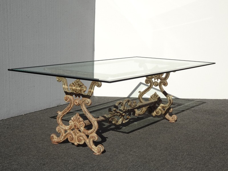 Large Vintage Spanish Style Rustic Cast Iron Bevel Glass Cocktail Coffee Table gallery
