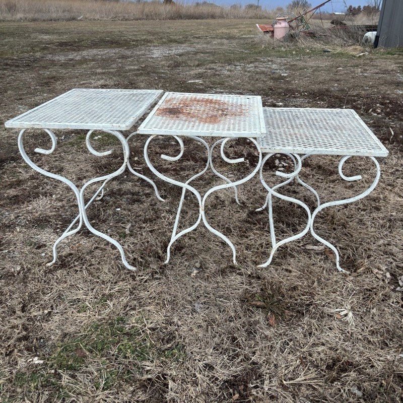 Vintage Wrought Iron Patio Nesting Tables Mesh Top Set of 3 Salterini Style MCM