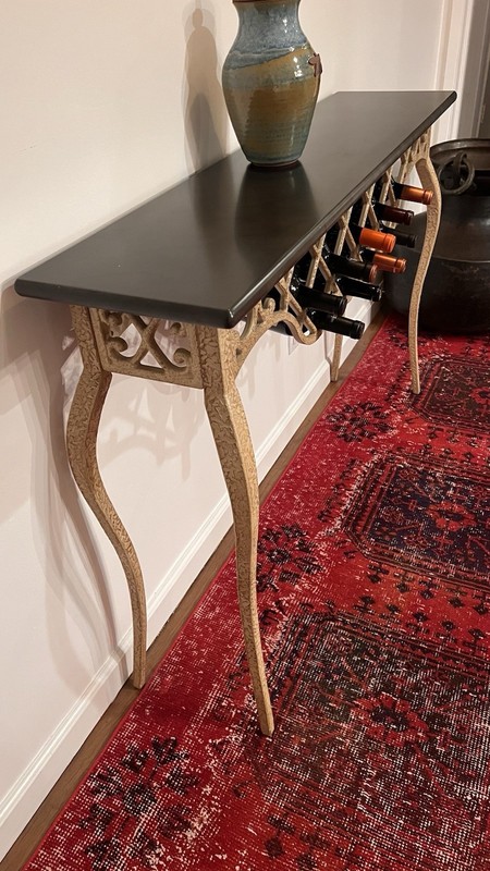 Vintage Bombay Co Console Table, Cream Metal, Faux Black Marble Top, Excellent gallery