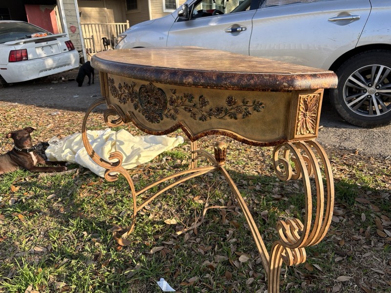 Victorian Antique Half Moon Accent Table Wood Top, Ornate Metal Legs, Carvings gallery