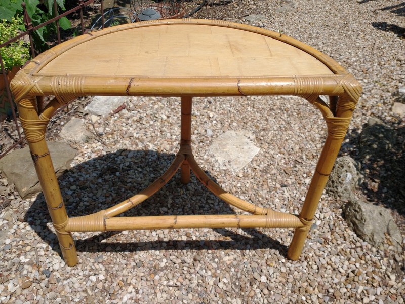 Vintage Mid Century Bamboo Boho Rattan Wicker Demilune Console Table gallery