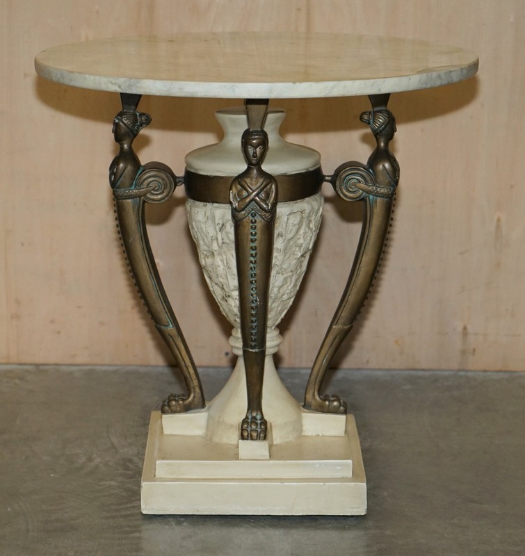 STUNNING VINTAGE EGYPTIAN REVIVAL SIDE END LAMP WINE TABLE WITH SOLID MARBLE TOP gallery