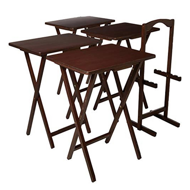 PJ Wood Folding TV Tray Tables with Compact Storage Rack, Walnut, 5 Piece Set gallery