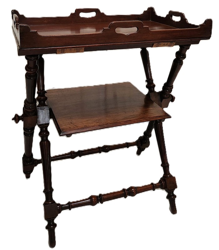 Tea Table, Butler Serving Tray, Folding Stand, Rare Shelf, Walnut, 29"t gallery