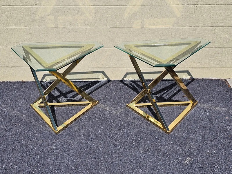 MCM Abstract Triangular Brass Base w Glass Top Accent End Tables gallery