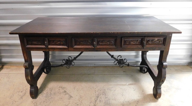 Spanish Baroque Style Carved Walnut and Iron Console Table/Writing Desk